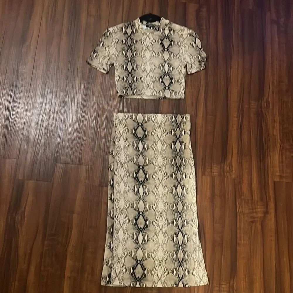 Olivaceous Two Piece Matching Set - Snake Print - High Neck Top & Skirt
